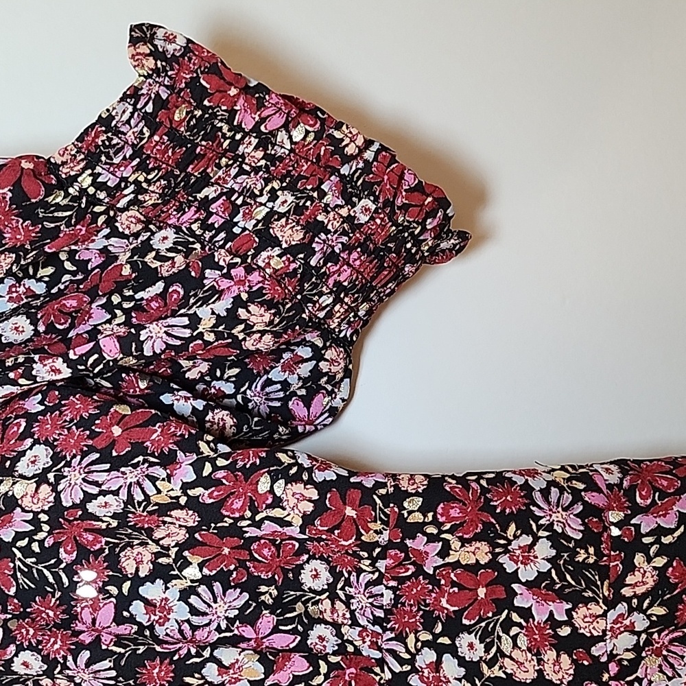 Aqua Red Gold Pink Floral Puff Short Sleeve Boho Midi Dress SZ M - Picture 9 of 16